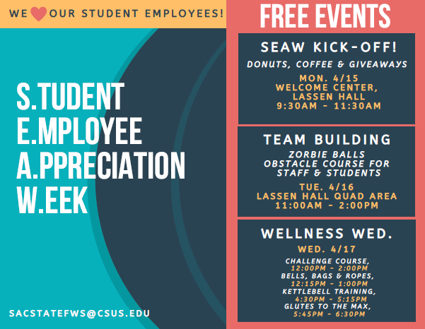 As part of Student Employee Appreciation Week, we want to say thank you to our student employees with free events next week. Please stop by and enjoy the fun!