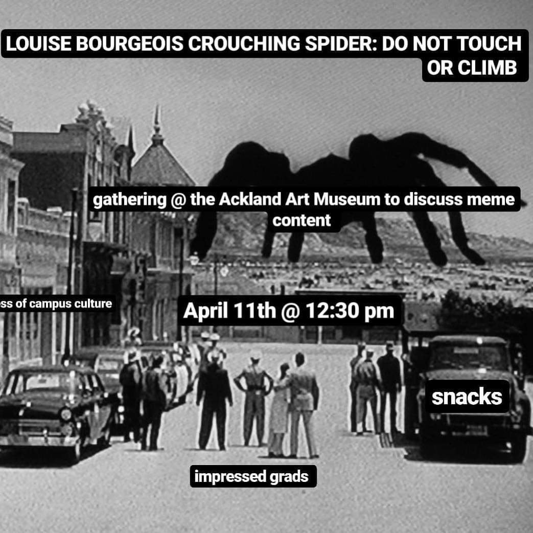 JPBowles's tweet photo. Looking for extra credit, #ARTH287?
Attend today’s presentation @AcklandArt, “#LouiseBourgeois’s #CrouchingSpider: Do Not Touch or Climb Talk,” and live tweet it! (Use our hashtag).
When? 12:30-2:00 pm TODAY
Where? Ackland Art Museum
https://t.co/Ks0zOzJnK9 https://t.co/bXbQi1JfOf