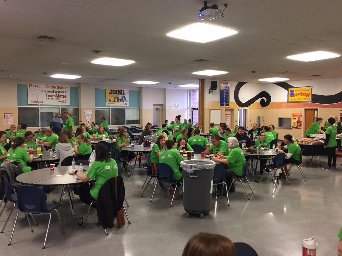 OPS_Morton's tweet photo. After our #CatCrawl this morning the staff of Morton, @OPS_LauraDodge & @ops_sunnyslope enjoyed a delicious pot luck breakfast. Notice the lovely shirts? Thanks to Morton's own @BGCMidlands Panther Pack for helping to promote this wellness activity! #OPSProud #Wellness https://t.co/u6ezAYTXTu