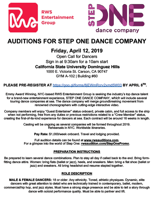 CIAUTS2020's tweet photo. AUDITIONS FOR STEP ONE DANCE COMPANY
Friday, April 12, 2019
Open Call for Dancers
Sign in at 9:30am for a 10am start
California State University Dominguez Hills
1000 E. Victoria St. Carson, CA 90747
GYM A-­102 | Building #60
https://t.co/l0H8m5q2Rh
https://t.co/7IpuvsiqSt https://t.co/gLz6AVUMMh
