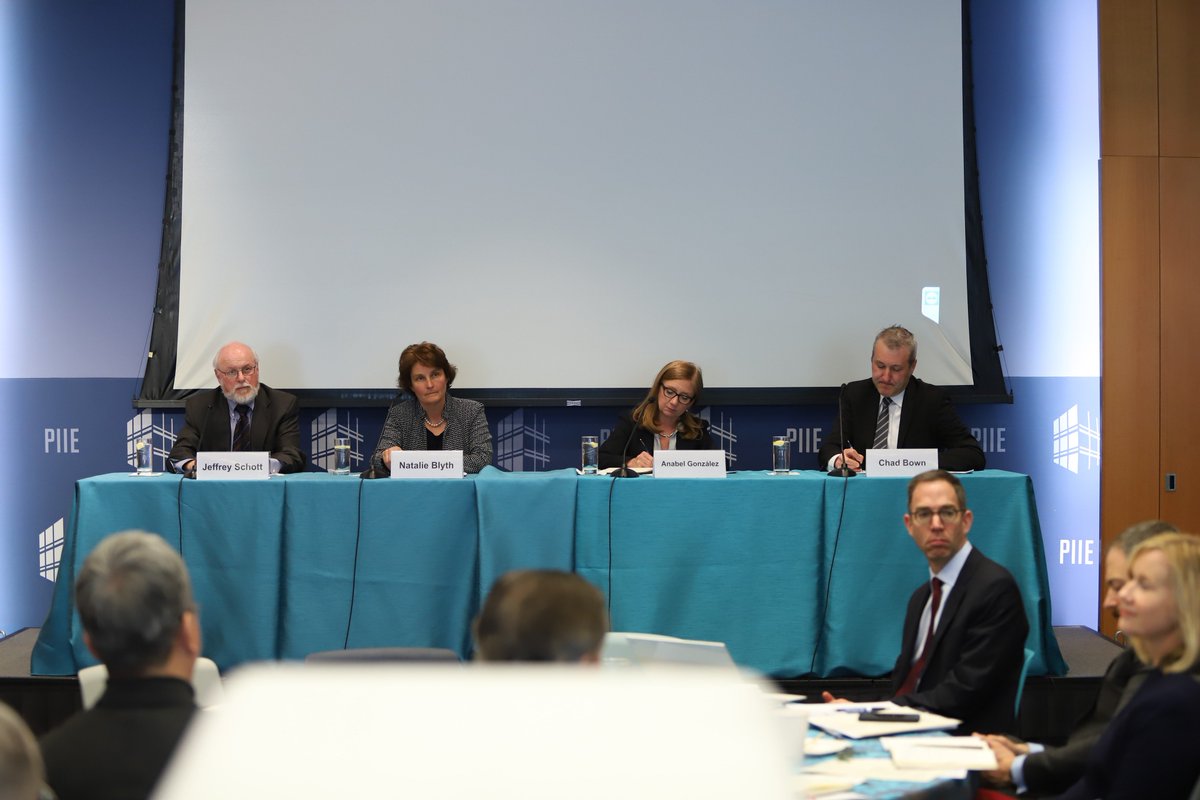 PIIE's tweet photo. The final panel of #ChangingTrade starts now! Jeff Schott is moderating a discussion and Q & A on reforming the @WTO with @ChadBown, @@_AnabelG, and @HSBC's Natalie Blyth. Tune in: https://t.co/p6tXPNDNZ0 https://t.co/V530xx5zsL