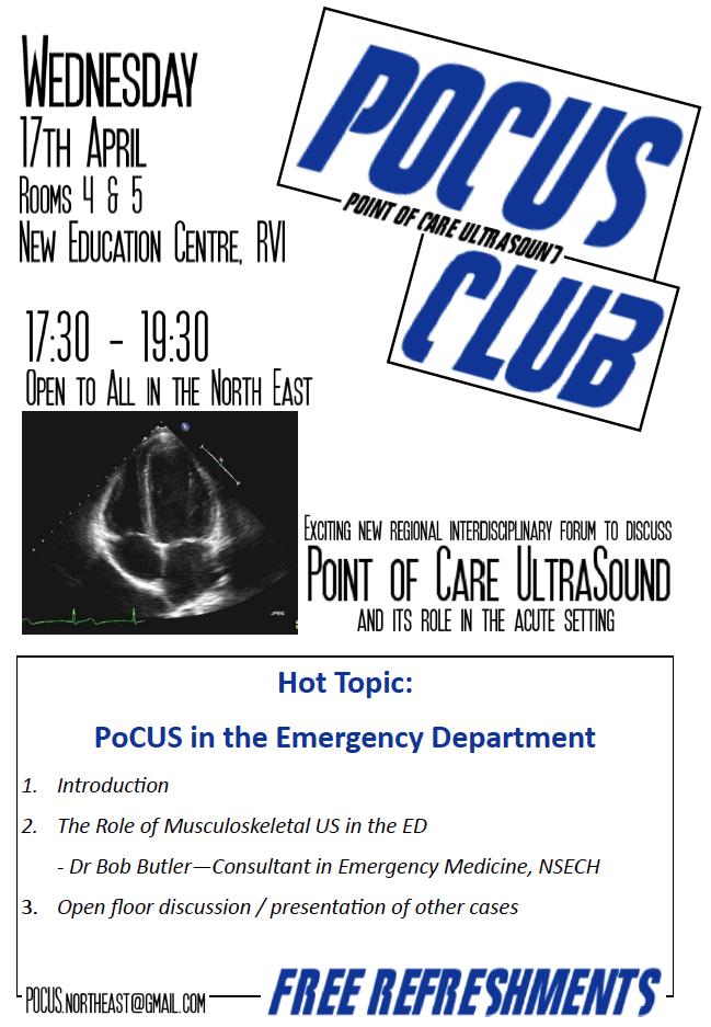 POCUS Club - Weds 17th April, 5:30pm onwards. Education Centre, RVI Newcastle. “MSK Ultrasound in the ED” with Dr Bob Butler - EM Consultant and POCUS aficionado. See you all there