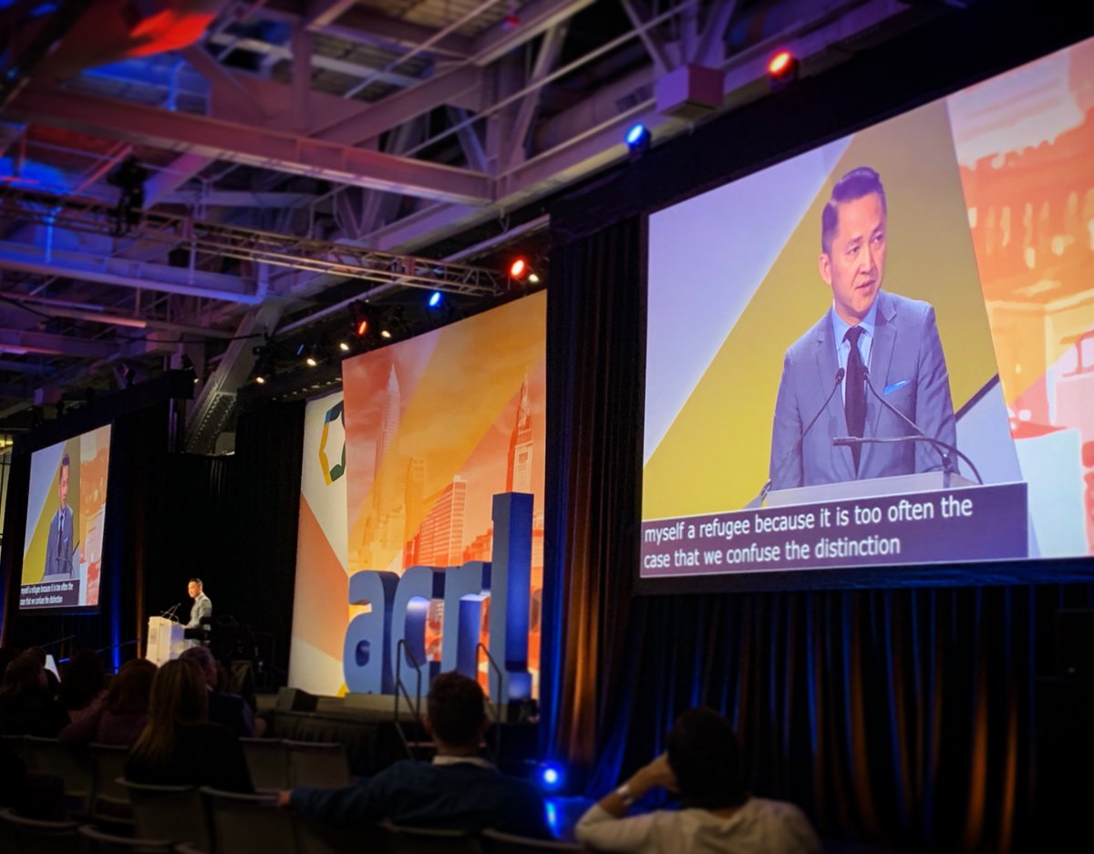ACRL2023's tweet image. “Representation is not enough. We need decolonization.” Viet Thanh Nguyen tackles racism, inequality, and recasting the narrative of America at the #ACRL2019 Middle Keynote. #peerrevered