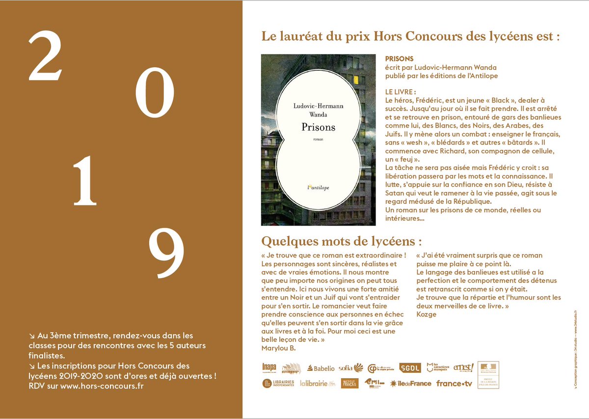 Le prix Hors Concours des lycéens a été décerné à Ludovic-Hermann Wanda, pour Prisons paru aux éditions de l'Antilope ! Merci et bravo aux 457 élèves, et à leurs 16 enseignants en France en en Slovaquie pour ce magnifique choix 👏 @PrixHC @GillesRozier