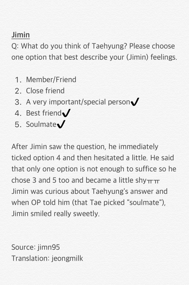 soozowod's tweet photo. @ayemelimy "Jimin soruyu gördükten sonra hemen 4. seçeneği işaretledi ve sonra biraz tereddüt etti. Tek bir seçeneğin kâfi gelmeyeceğini söyledi ve böylece 3. ve 5.yi de işaretledi ve biraz utand��. Tae'nin cevabını merak etti ve Tae'nin cevabı ona söylendiğinde tatlı bir şekilde gülümsedi." https://t.co/FSdZyYqYsi