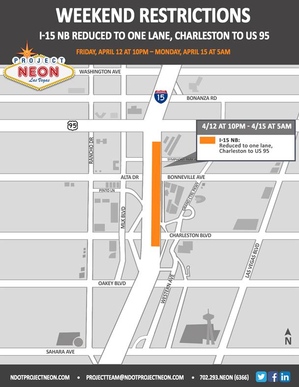 RTCSNV's tweet photo. I-15 northbound will be reduced to one lane from Charleston Blvd. to U.S. 95 from 10 p.m. on April 12, until 5 a.m. on April 15. Associated ramps will be affected. For details, visit the @nevadadot website at https://t.co/EFER6kIsQ6. #NeonMainEvent #SeeingOrangeNV https://t.co/3XJ57HVcBs