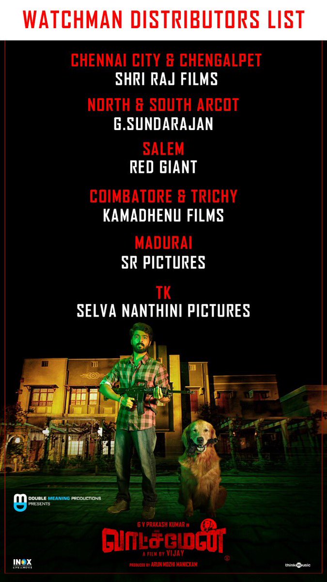 DoubleMProd_'s tweet photo. #Watchman distributors list. Movie in cinemas from tomorrow!!!

#WatchmanFromTomorrow 🔦

@gvprakash @iYogiBabu @DoubleMProd_ #ArunMozhiManickam @DoneChannel1 @thinkmusicindia @digitallynow https://t.co/dBD2jZwRF2