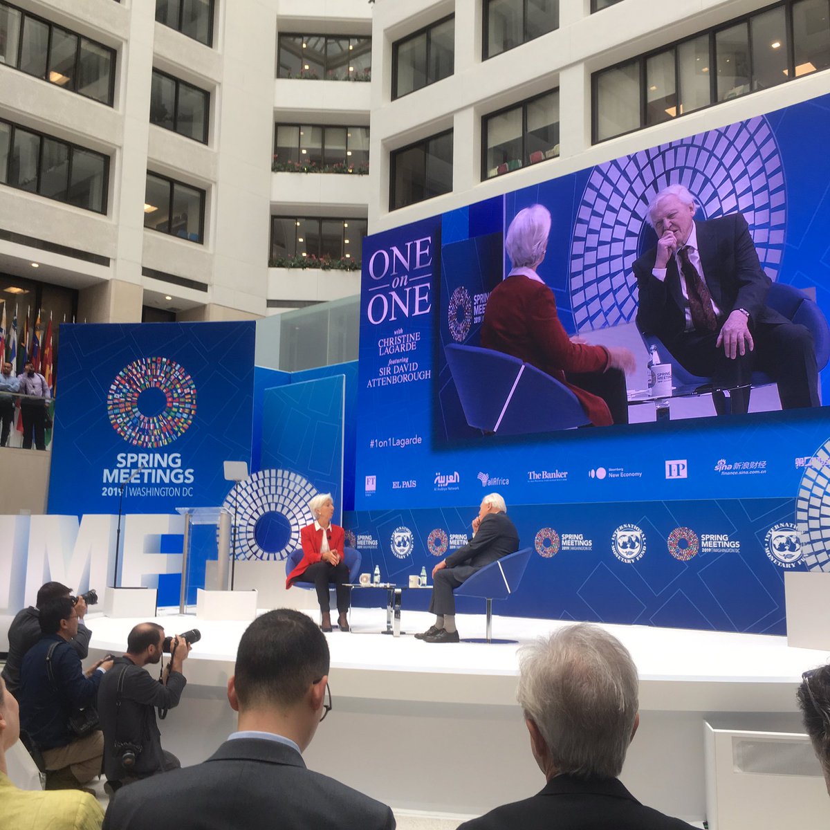 CurtisSChin's tweet photo. “That voice. You are #thevoice,” says @Lagarde to Sir David Attenborough as the #1on1Lagarde begins w/ a quick video preview of “Our Planet” w/ voiceover by the man himself. 🙌 @ourplanet #SirDavid 

#IMFMeetings #OurPlanet @netflix https://t.co/z0x6kvbuxv