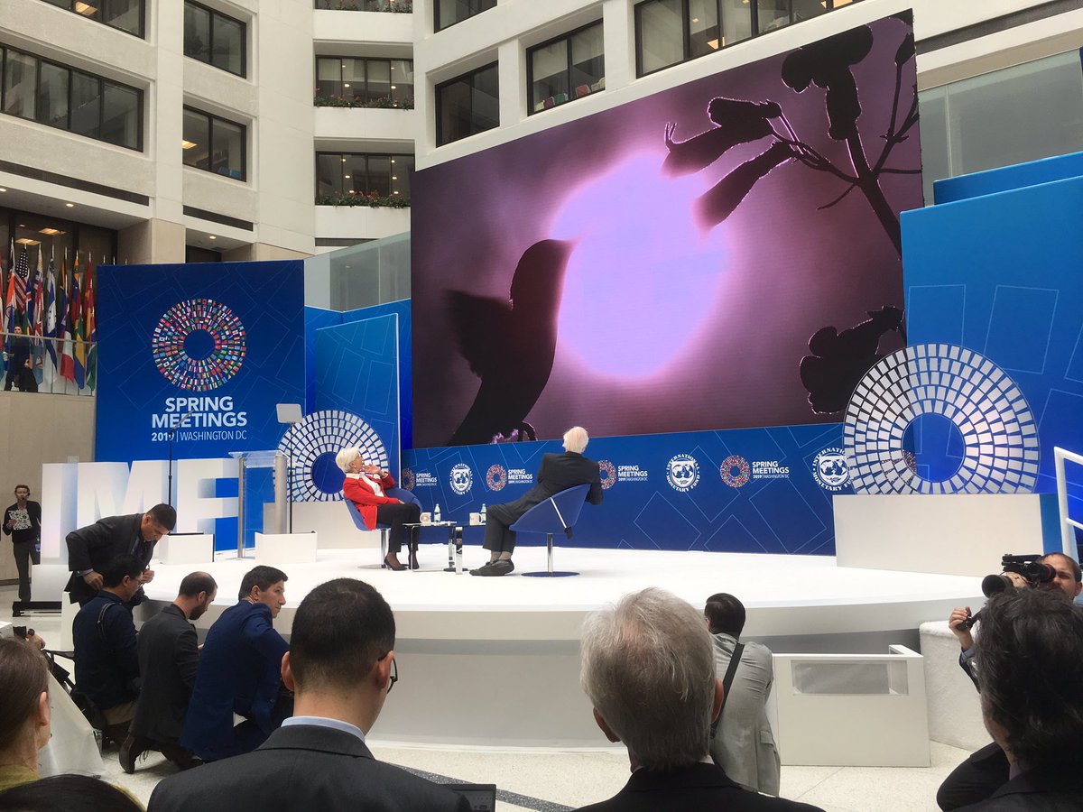 CurtisSChin's tweet photo. “That voice. You are #thevoice,” says @Lagarde to Sir David Attenborough as the #1on1Lagarde begins w/ a quick video preview of “Our Planet” w/ voiceover by the man himself. 🙌 @ourplanet #SirDavid 

#IMFMeetings #OurPlanet @netflix https://t.co/z0x6kvbuxv