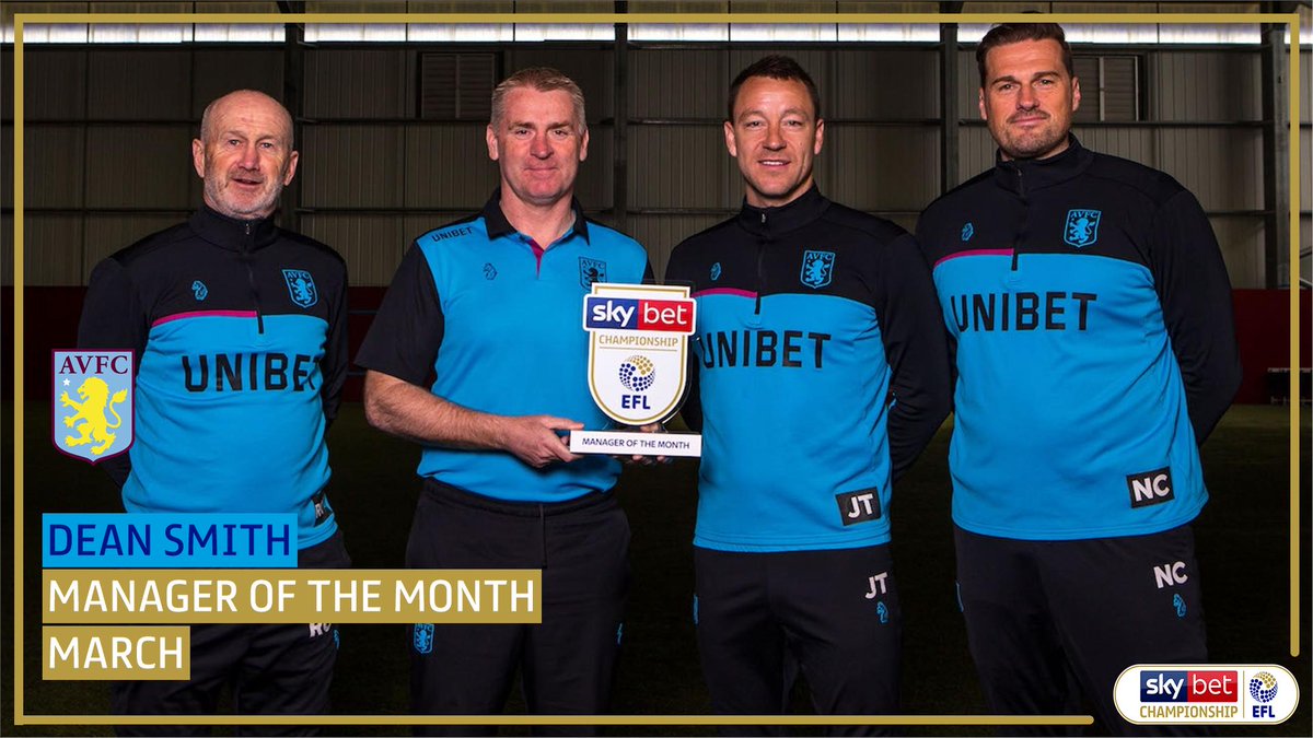 SkyBetChamp's tweet photo. 15 points from five games for @AVFCOfficial has seen Dean Smith win the #SkyBetChampionship Manager of the Month Award for March.

https://t.co/EQ4amtQrxc

#EFL | #MOTM https://t.co/8LESWLNzuH