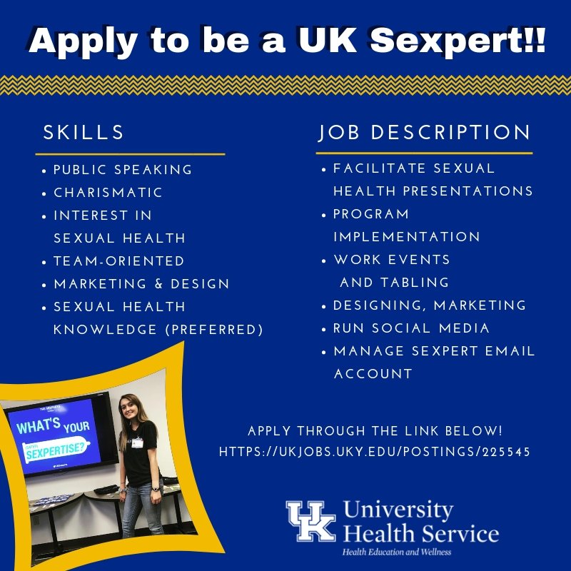 UHSPaws's tweet photo. It's never too early to start thinking about the next semester! Now that you've registered for classes, consider applying to be a UK Sexpert!! Get paid to learn and share valuable sexual health information on campus #SaferIsSweeter
https://t.co/e3g9BpGb2g https://t.co/W5SqWrYFNz