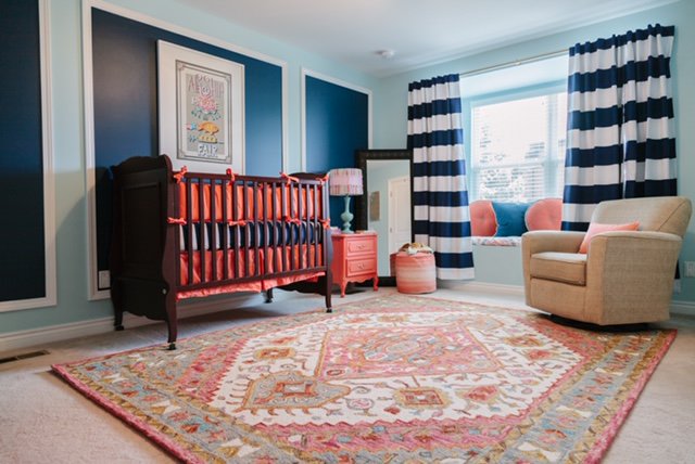 RimaDesignsLLC's tweet photo. Don't be afraid to use bright colors. This nursery was a joy to work on. The coral and navy tones work so well together. Its nautical meets bohemian in this babies crib. #spring #interiordesign #coarl #nursey #nurserydesign #nautical #bohemian #rimadesigns https://t.co/NygLaRXx0D