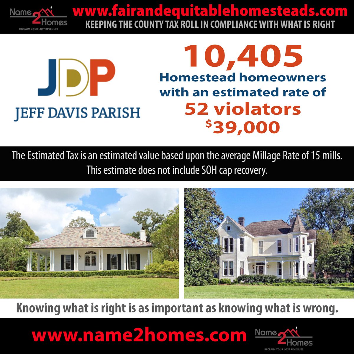 Jeff Davis Parish, Louisiana Estimated Homestead Exemption Violators
  Check your county with our FAIR &amp; EQUITABLE PROPERTY TAX ROLL CALCULATOR at fairandequitablehomesteads.com.
  Check us out at name2homes.com.
  Or watch our video at: youtube.com/watch?v=n3EiBv…