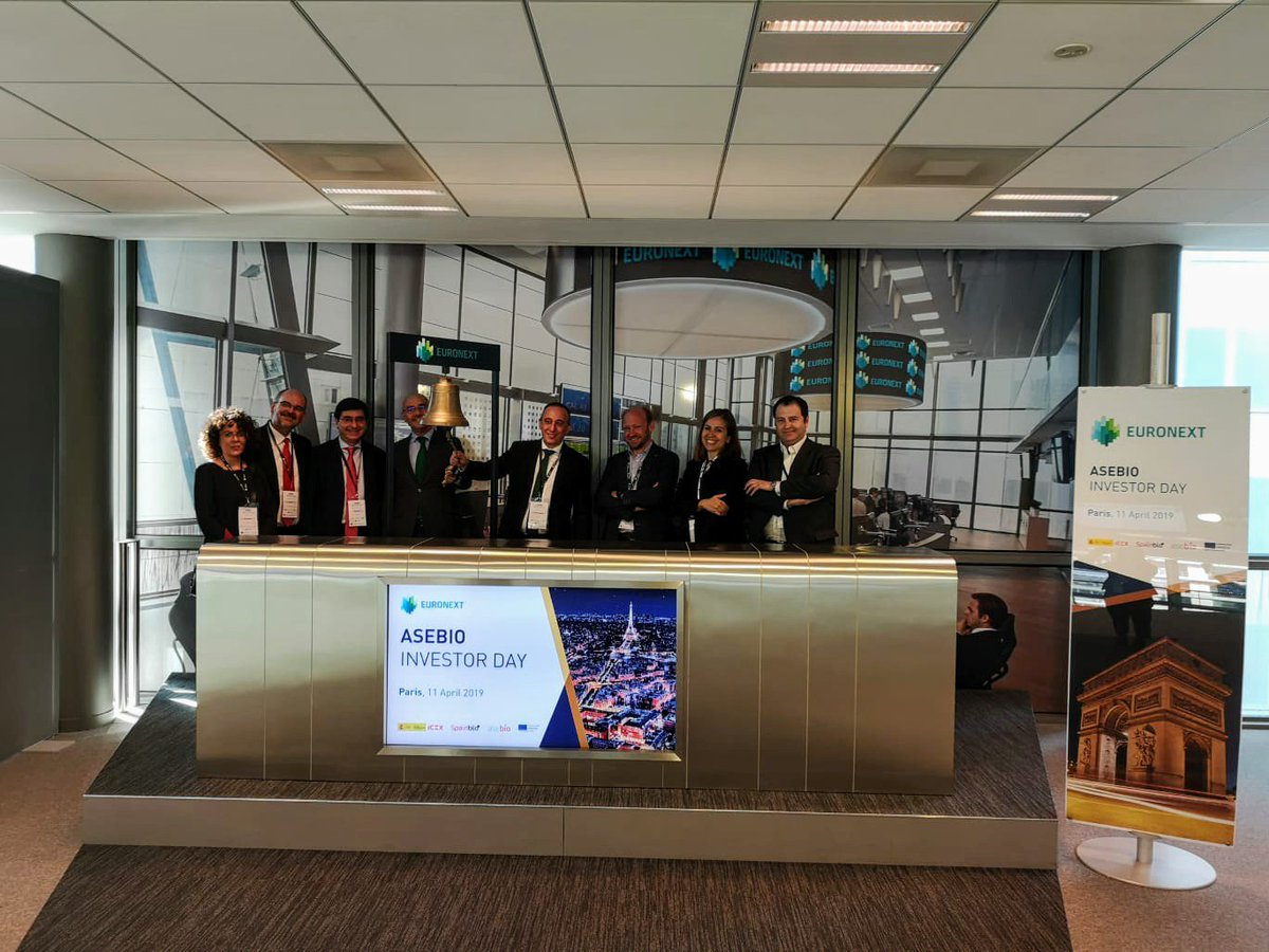 AseBio's tweet photo. We end our investor day "ringing the bell" at the stock exchange at París, as a symbol. Fruitful day thanks to @ICEX_, #spainbio and @euronext https://t.co/7h6JXOh2LW