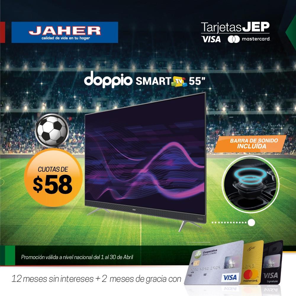 CooperativaJEP's tweet photo. En #JAHER con #TarjetasCréditoJEP llévate un #Doppio SMART TV de 55” con barra de sonido incluido y poder de audio de 200w en 12 cuotas de $58 más 2 meses de gracia. Vigencia del 1 al 30 de abril a nivel nacional. https://t.co/kGRuj6NNbc