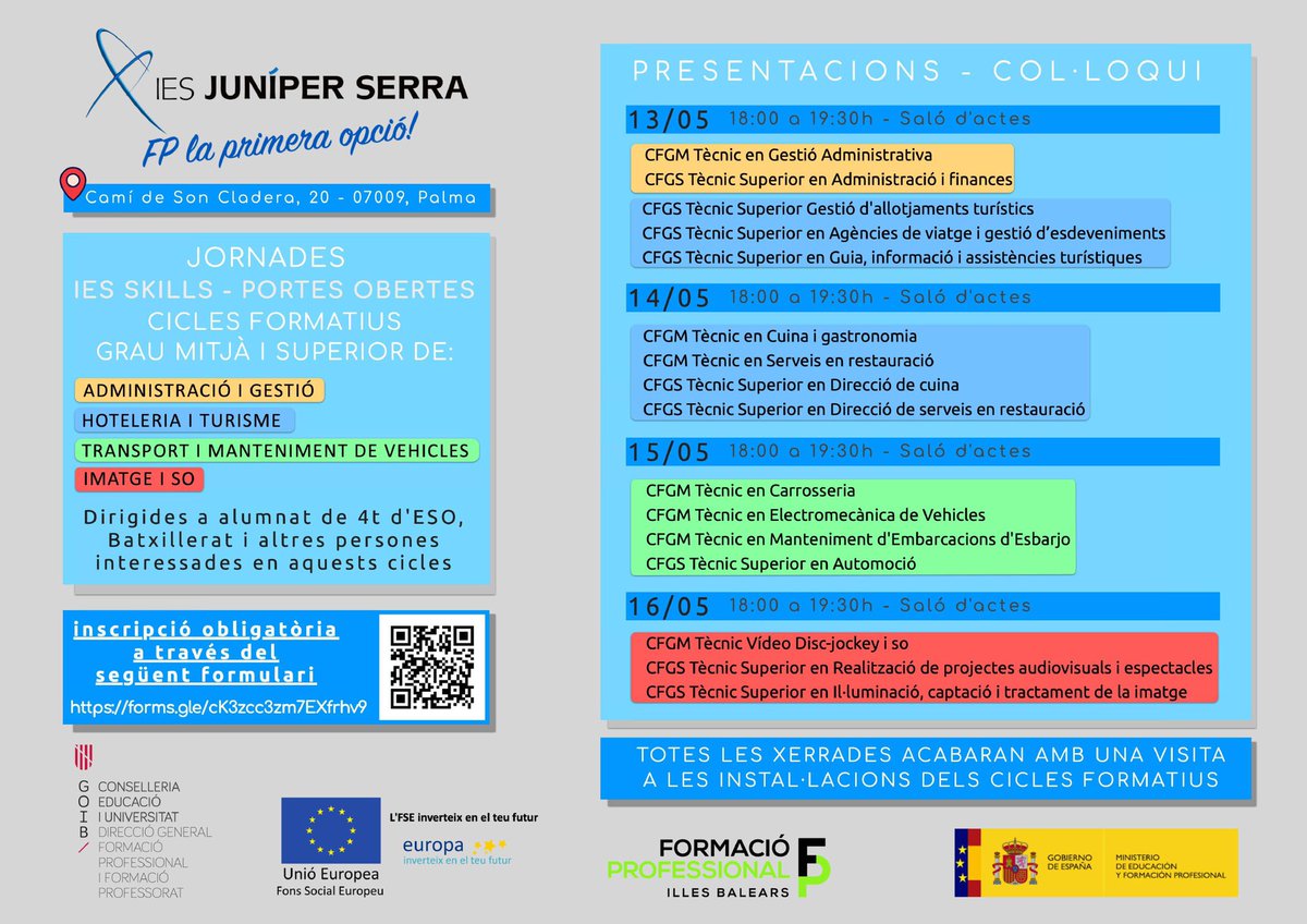 Si vols una formació de 1a, i no tens clar quin cicle vols fer, els dies 13, 14, 15 i 16 de maig tenim jornada de portes obertes, te contarem tot el que vols saber i faràs una visita a les nostres instal·lacions.
IMPORTANT feis l'inscripció !#elquefeimaljuníper #FPlaprimeraopció