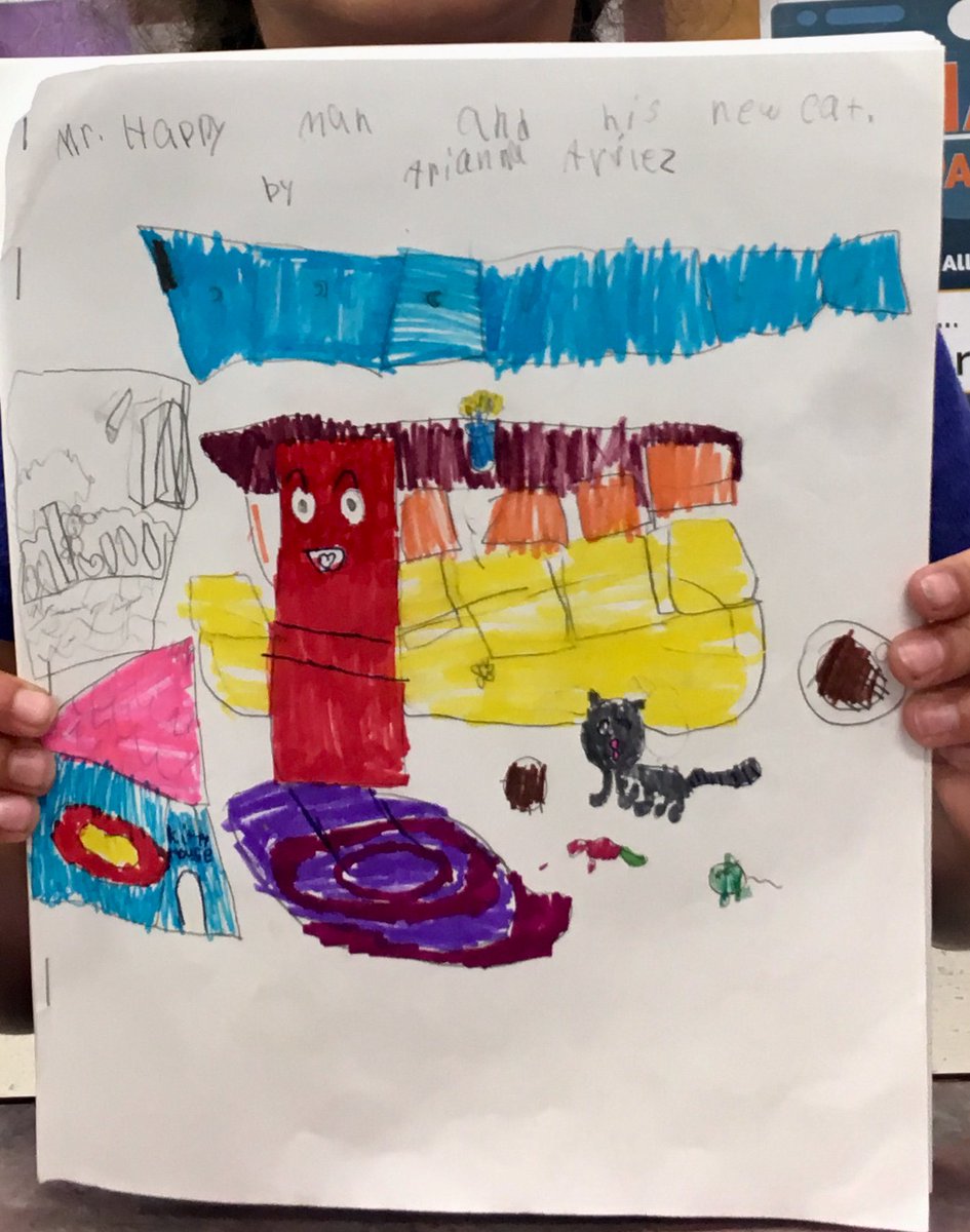 collinsesmedia's tweet photo. When a student writes a book just for the fun of it and can't wait to show you.  🥰  I'm proud to present Mr. Happy Man and His New Cat by Arianna Aviles! https://t.co/FkcqNcoDIF