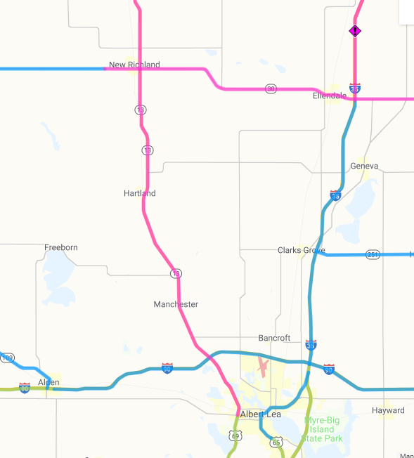mndotsoutheast's tweet photo. Road Closed: Highway 13 from I-90 to New Richland is closed due to downed power lines. #mndot #mnroads #AlbertLeaMN https://t.co/2O5lDfw38a
