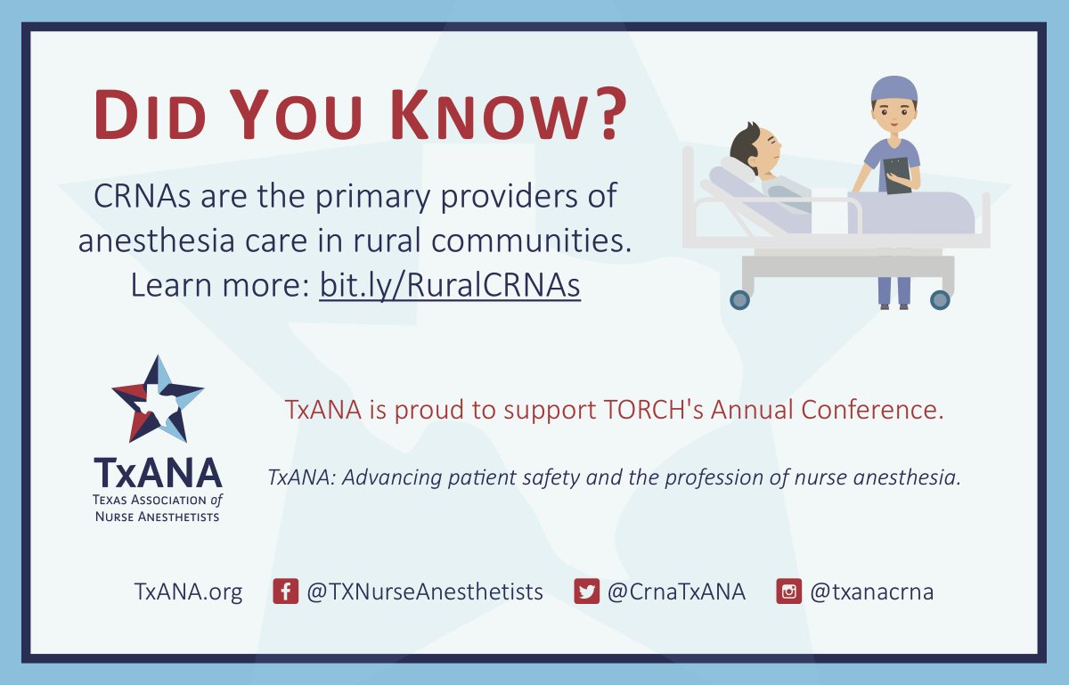 TxANACRNAs's tweet photo. TxANA is proud to support TORCH’s Annual Conference! Drop by and visit us at booth #43 to hear about how CRNAs are helping rural Texas. #torchconf https://t.co/ZFNYqZEoDN