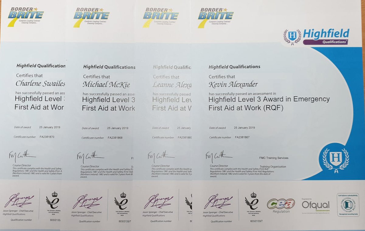 Another four Borderbrite Employee's attended and completed their Level 3 Award in Emergency First Aid at Work (RQF) 

All training delivered by FMC Training Services Carlisle.