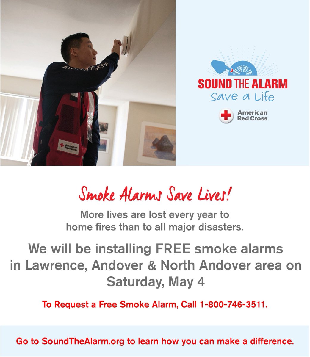 Message from the #Andover FD! "Sound the Alarm/ Save a Life" event takes place on May 4th, <a href="/RedCrossMA/">RedCrossMA</a> installing free smoke alarms in Andover. Smoke alarms save lives. #WeAreAndover