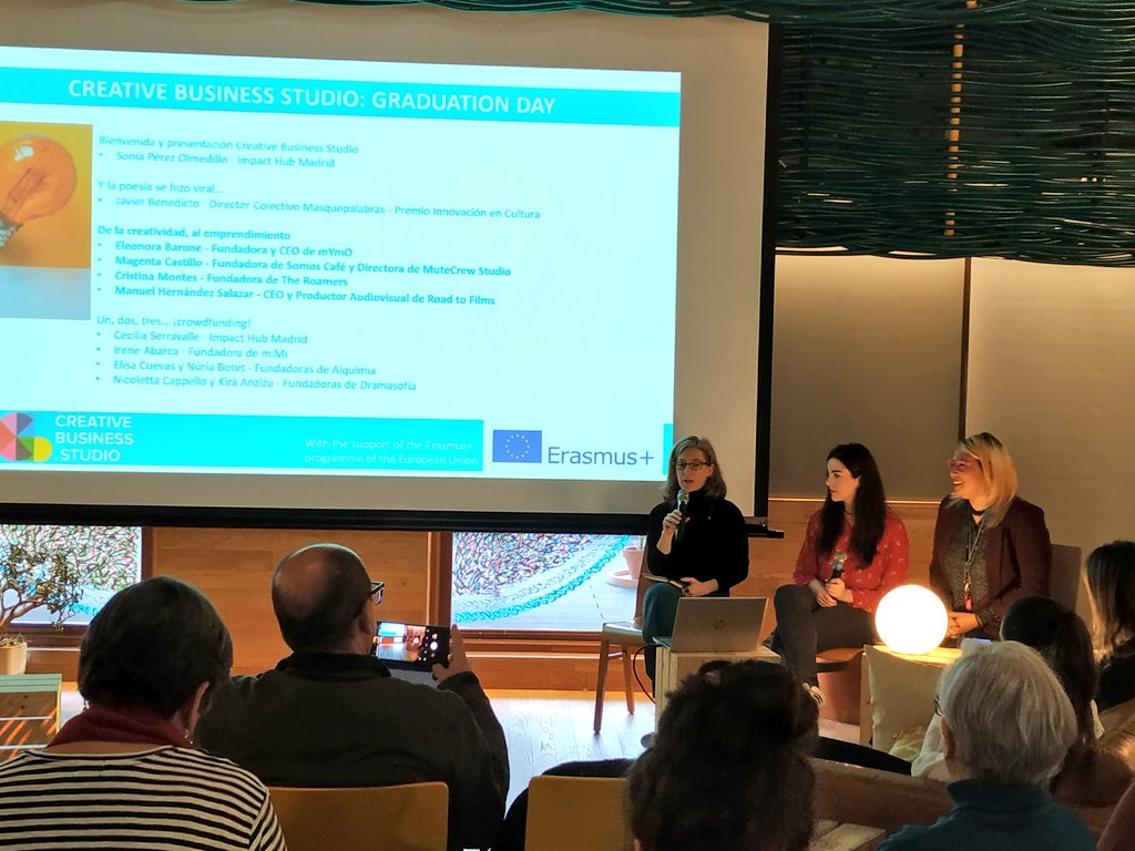 ImpactHubMAD's tweet photo. Con @barone_ele y dos de los proyectos participantes en el #creativebusinessstudio: @TheRoamers y @themutecrew reflexionamos sobre los retos del emprendimiento creativo, los baches en el camino y cómo la Academia le ayudó a darle forma a sus proyecto. https://t.co/hYNmM2i6LS
