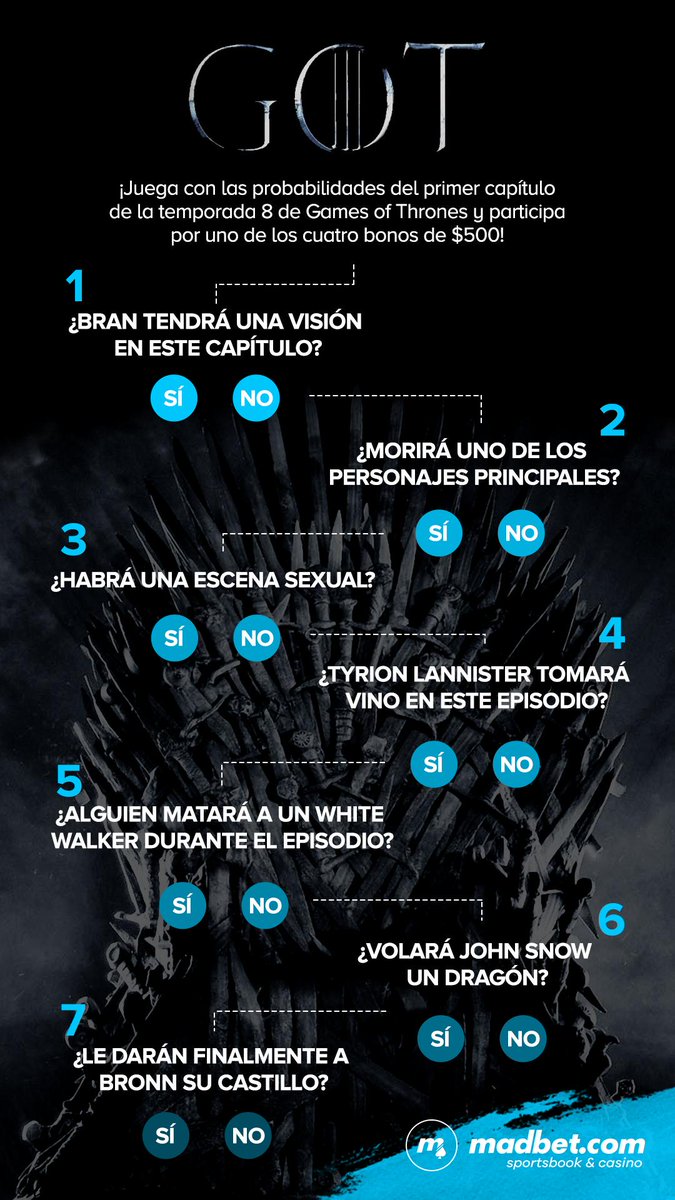 MadBetOficial's tweet photo. ¡Demuestra que eres un verdadero fan de #GOT! Participa con un RT y subiendo en los comentarios la imagen con las opciones tachadas. Los que más aciertos tengan entrarán en el sorteo ;) Tienes hasta el 13 de abril, no te quedes fuera. https://t.co/r1X0mJnZl4