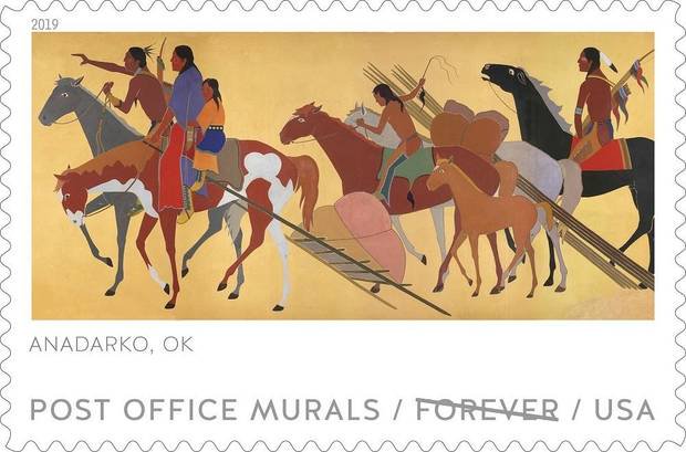 TheOklahoman_'s tweet photo. Anadarko Post Office mural painted by Kiowa Six artist featured in new postage stamp set https://t.co/4HAzPjA7Ee https://t.co/selKgxVtNm