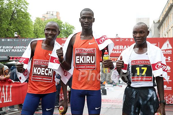 RunBlogRun's tweet photo. Edwin Kipngnetich(3), Titus Ekiru (1) and Evans Chebet (2), top 3 in Milan, 2019 @generali @marathonmilano, photo by PhotoRun, April 7, 2019, @rosaassociati, @kenyanathlete, #milanmarathon, @uarunning, #runfastlivecool, https://t.co/KQUg5jjYPF