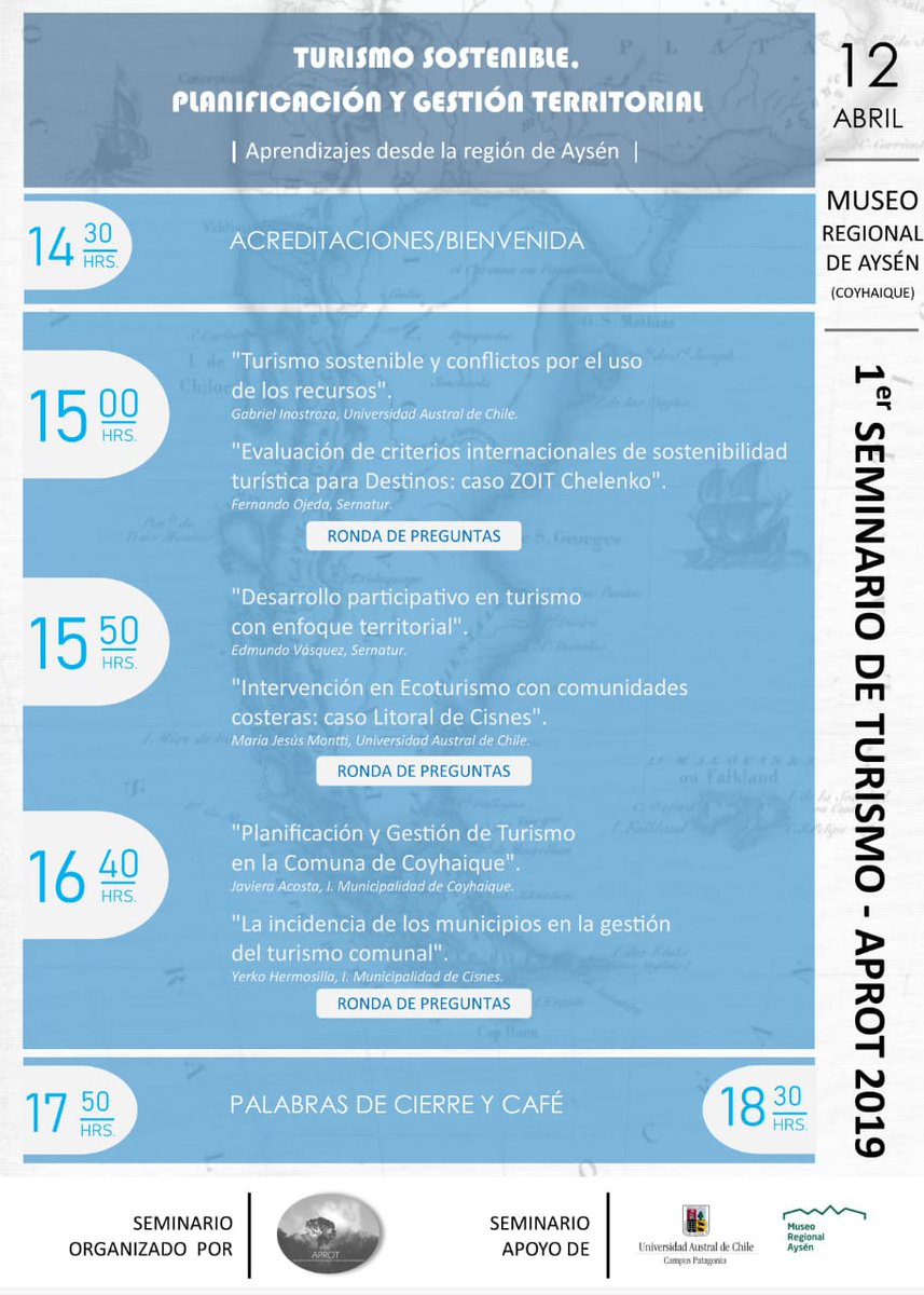 APROT2's tweet photo. Seminario de turismo - APROT, inscripciones: https://t.co/bPOubUdj98 
@sernaturaysen @SercotecAysen @municoyhaique @UAChPatagonia @PerTurismoAysen @diariodeaysen @radiosantamaria @ddivisadero @aysen_turismo @camaracoyhaiqu1 #turismosustentable #gestion https://t.co/46vh6Elild