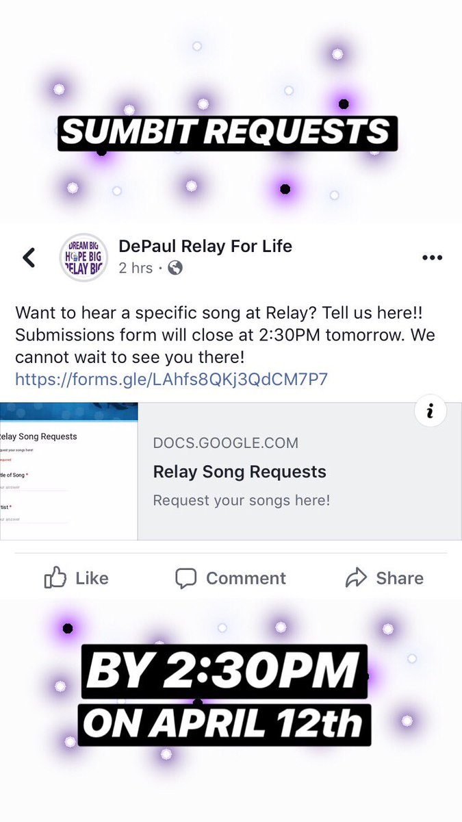 DepaulRelay's tweet photo. We look forward to Relay tomorrow! We want to have a fun time &amp; get groovy! Send requests our way 💜🎶 https://t.co/A4LxSo0O4o https://t.co/QYP7Dox7oT