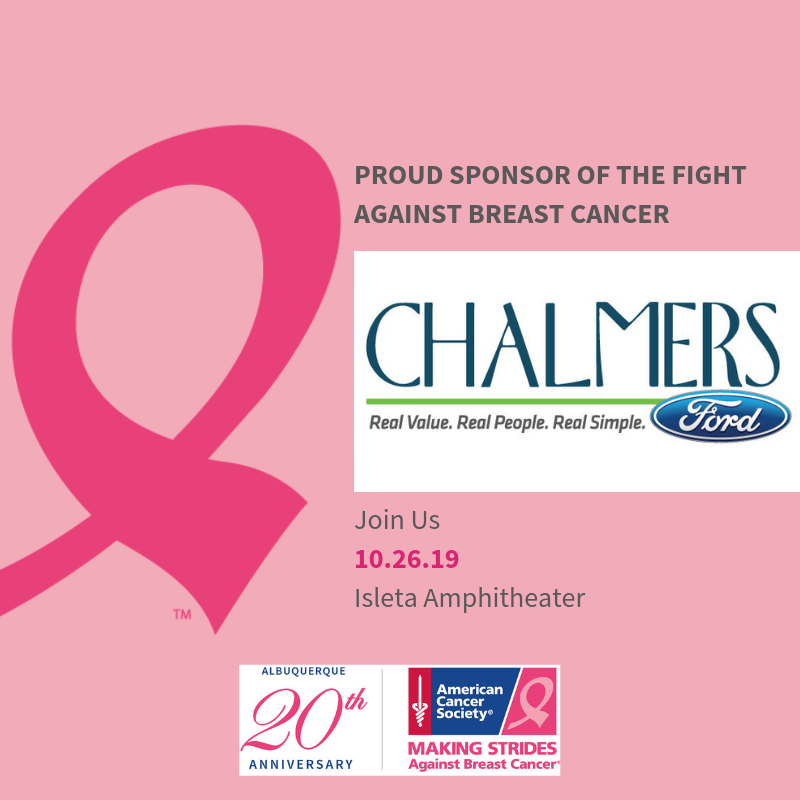 ABQStrides's tweet photo. We are excited to welcome back Chalmers Ford as a Pink Ribbon sponsor for 2019! Join us on Saturday, October 26th at Isleta Amphitheater for our 20th Annual Making Strides of Albuquerque. #ABQStrides https://t.co/flSTkD1TsP https://t.co/oTNeqBeiqY