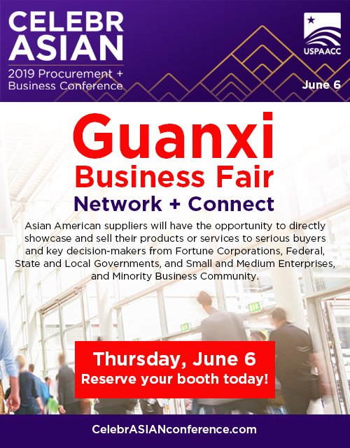 USPAACC's tweet photo. Guanxi Business Fair on June 6. https://t.co/rtzP6yjO5K
Check out all the benefits! 
-One (8'x8') booth space
-Booth attendant passes for two to  tour, network the Business Fair floor, and 
-One day pass for one registrant
-and more

#guanxi #CelebrASIANconference https://t.co/VrWYiEyZ0T