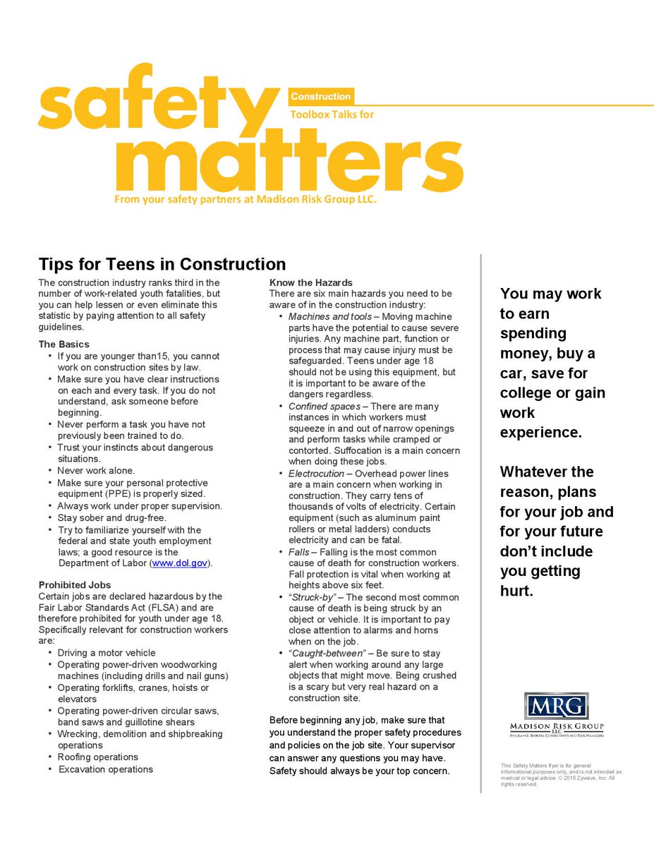RiskMadison's tweet image. The construction industry ranks third in the number of work-related youth fatalities, but you can help lessen or even eliminate this statistic by paying attention to all safety guidelines....Click below to read more!
#insurance #riskmanagement