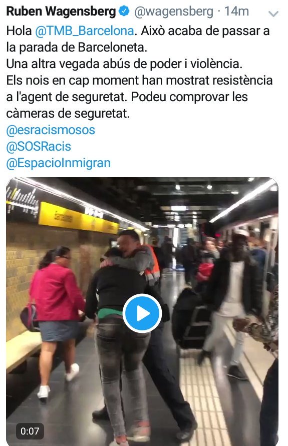 SOSRacis's tweet photo. Condenamos esta agresión que obedece a patrones racistas por parte de las fuerzas de seguridad @TMB_Barcelona‼️
Ponemos nuestro servicio de #SAiDenuncia para que las personas afectadas y testigos como @wagensberg hagan una denuncia formal: 
📲 933010597 / denuncia@sosracisme.org https://t.co/dKOfWnv9CE