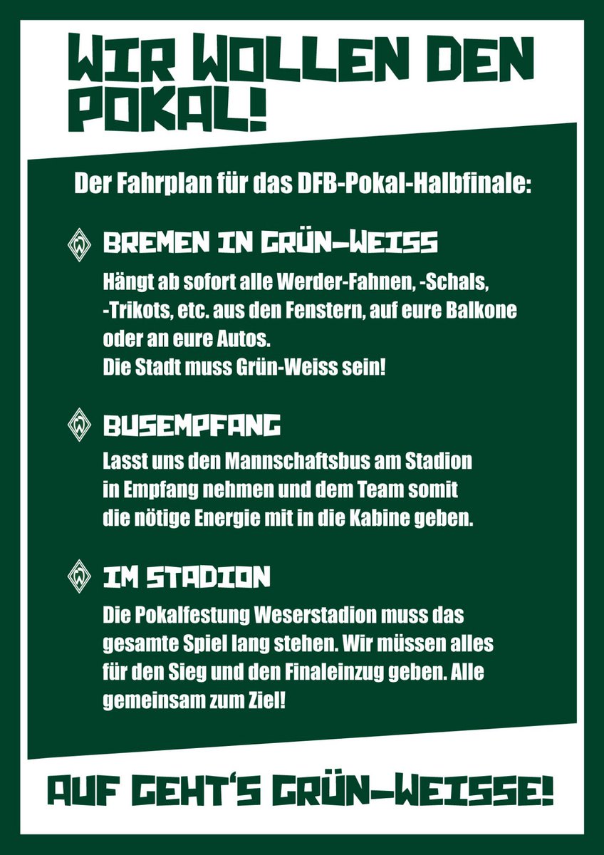 worum_org's tweet photo. Wir. Wollen. Den. Pokal.
https://t.co/oQbgZYyQ64
#Werder https://t.co/picDSul6Vp