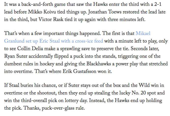 showtimehcky's tweet photo. It makes it even sweeter knowing it was #MNWIld that got screwed out of the 3rd pick! #Blackhawks #3rdOverall https://t.co/g9S0wItqXZ