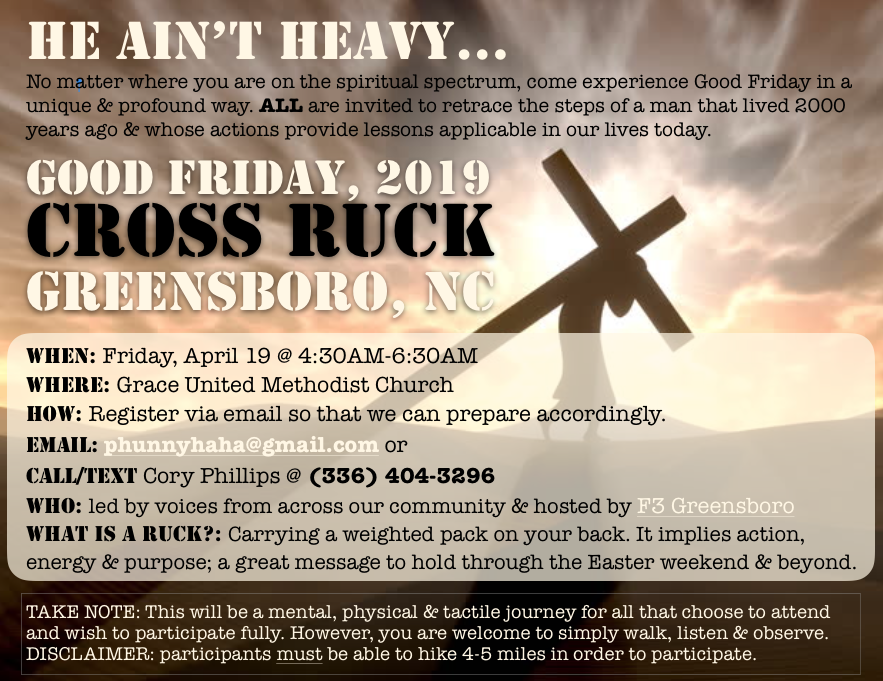 <a href="/F3Greensboro/">F3 Greensboro</a> Keep those #HardCommits coming in for #CrossRuck2019 We've got #HIM from across the South Eastern <a href="/F3Nation/">F3</a> joining in. <a href="/F3Btown/">F3 Burlington</a> <a href="/F3Churham/">F3Churham</a> <a href="/F3Durham/">F3 Durham</a> <a href="/F3Raleigh/">F3 Raleigh</a> <a href="/F3Metro/">F3 Charlotte Metro</a> <a href="/F3Hickory/">F3 Hickory</a> <a href="/F3WinstonSalem/">F3 Winston Salem</a> <a href="/F3HighPoint/">F3HighPoint</a>