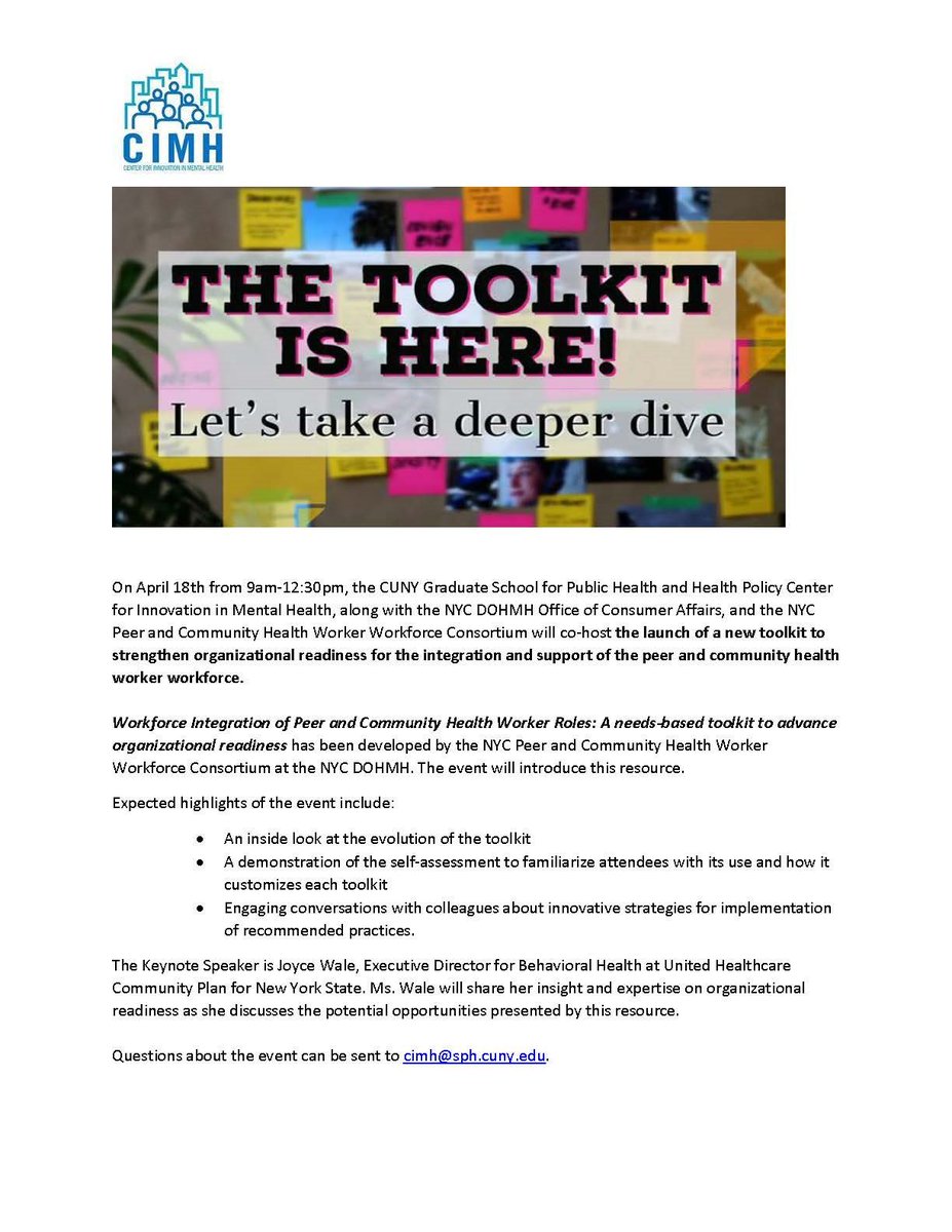 Center for Innovation in Mental Health (@cimh_sph) on Twitter photo The toolKit launch event is on April 18th from 9am-12:30pm!!
Workforce Integration of Peer and Community Health Worker Roles: A needs-based toolkit to advance organizational readiness <a href="/CUNYSPH/">CUNY Grad School of Public Health & Health Policy</a> The toolKit launch event is on April 18th from 9am-12:30pm!!
Workforce Integration of Peer and Community Health Worker Roles: A needs-based toolkit to advance organizational readiness <a href="/CUNYSPH/">CUNY Grad School of Public Health & Health Policy</a>