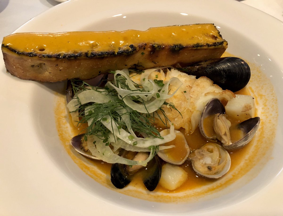 NAITtrades's tweet photo. Second course: classic fish soup featuring halibut, side stripe prawns, mussels, clams, saffron and tomato broth, grilled focaccia 😍😍😍😍 #ChefinRes https://t.co/L9Xfh0ubs3