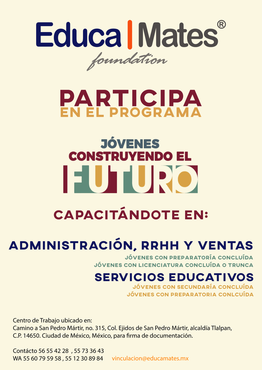 EducaMates_mx's tweet photo. Educa Mates, participa en el programa, "Jóvenes construyendo el futuro" de la STPS del Gobierno de México.
Aprovecha esta oportunidad para desarrollar tu talento, ganar experiencia y obtener herramientas para construir tu futuro.
#vamosjuntos #educamates #stps https://t.co/drc0lAFwYN