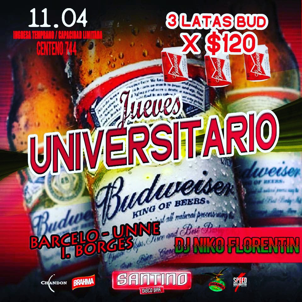 santinopub's tweet photo. Arrancamos el Finde con Fiesta 🎶🎉🎉 #JuevesUniversitario en el #Templo DJ @djnikoflorentin (desde Pdas) Te Esperamos #Daaleee Promo 3 Latas Bud x 120 #Explotaa💣 https://t.co/sFNK0YHeMa