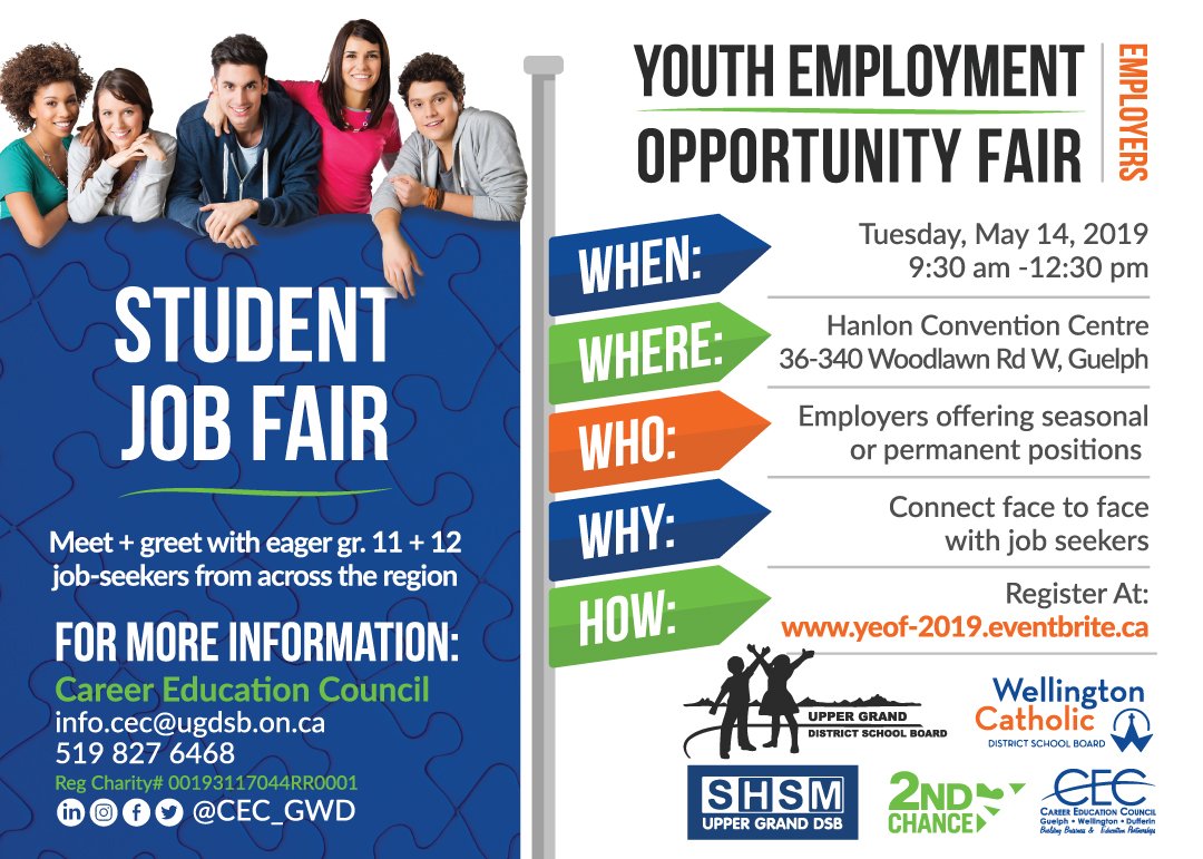 Great event alert for the Guelph area!
MT <a href="/schaferks/">Kelly Schafer</a>:  Join us on May 14th for an opportunity to meet face to face with hundreds of eager job seekers. Help our youth connect with seasonal, permanent and Canada Summer Jobs positions!