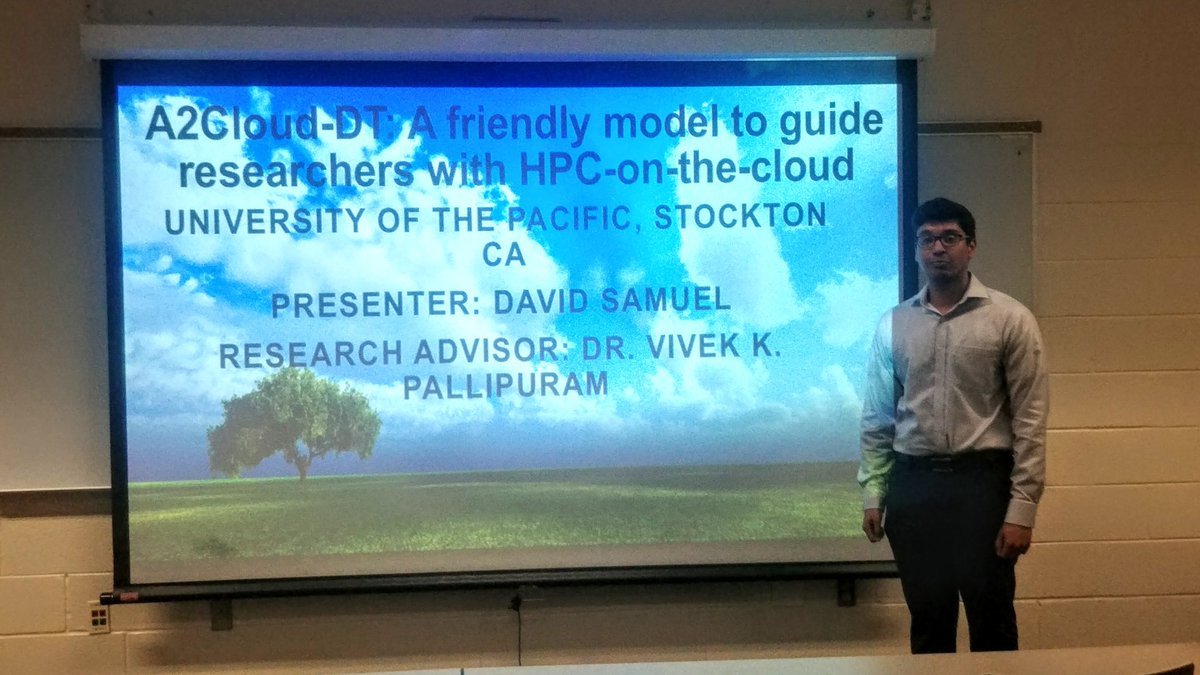 lydiakfox's tweet photo. David Samuel presenting at NCUR on A2Cloud-DT as a model for how to guide researchers for cloud-based High Power Computing (HPC)  #UOPacific. #NCUR2019 https://t.co/L1n7H4xvJ1