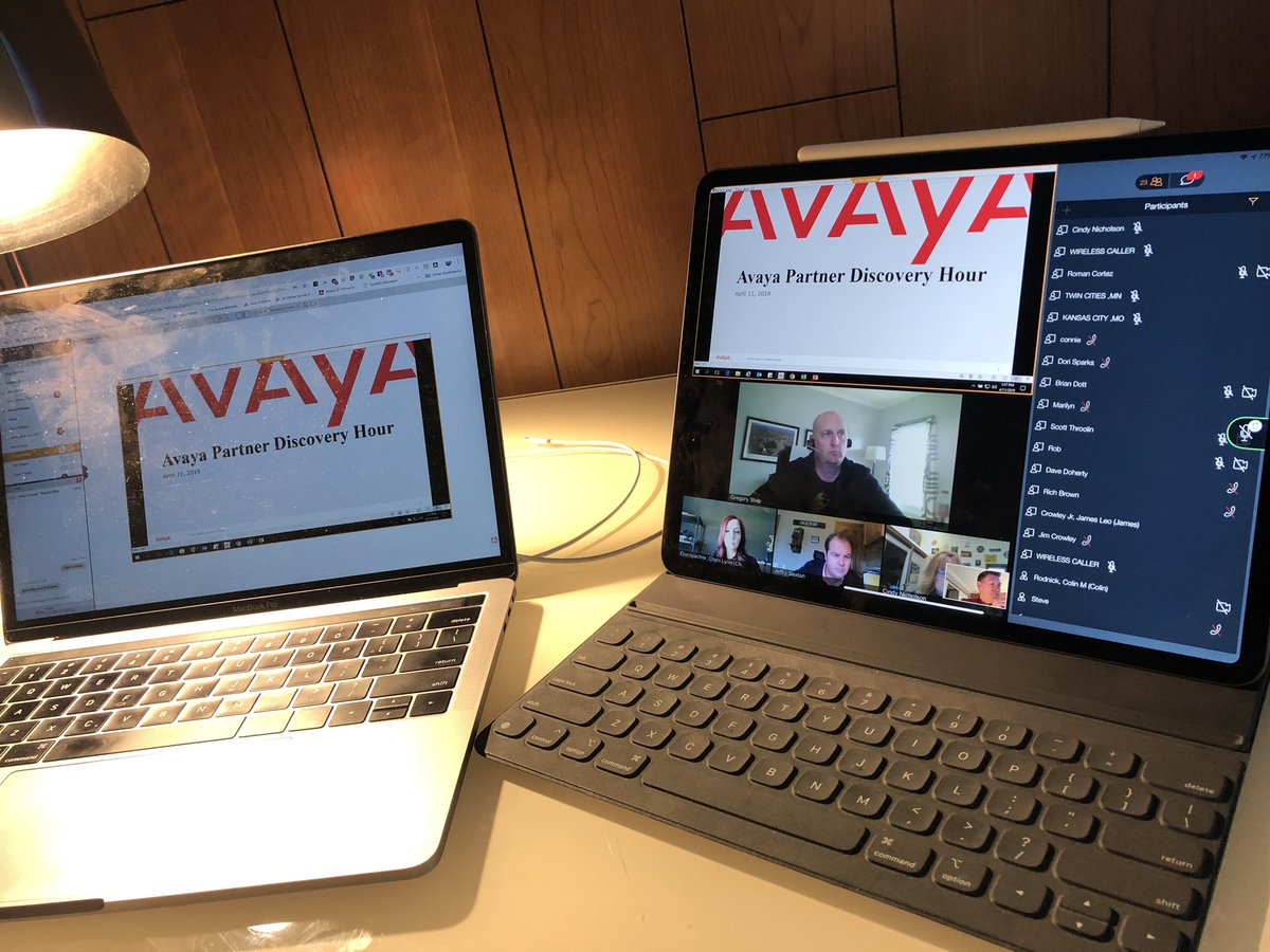 SteveForcum's tweet photo. This is how I roll. Presenting on a partner enablement webinar. Joined the video call from my #iPad Pro with @Avaya Equinox. Sharing from my #MacBook. I can see the call, slides, and video so no “let me know when you see my screen”. #MakeWorkLessWork #Avaya #ExperiencesThatMatter https://t.co/3VdJR6I9G6
