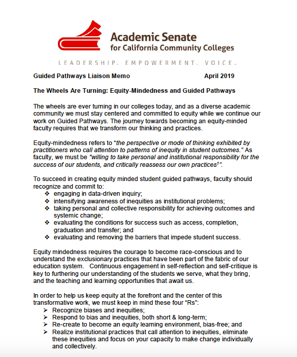 EriqFelix's tweet photo. Looking through the @AcademicSenate for @CalCommColleges latest memo on #GuidedPathways and glad to see @Center4UrbanEd's work on #equitymindedness included to help with redesigning campuses to achieve more equitable outcomes. More info: https://t.co/PvggpRnKKN #ASCCC https://t.co/GaYzFx0dSP