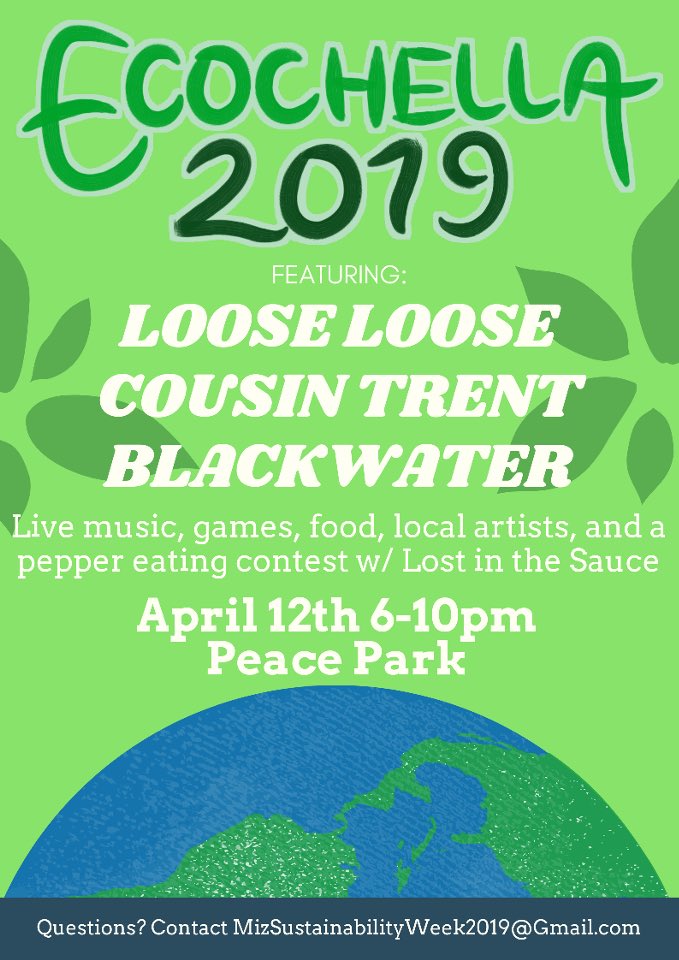 Tomorrow is the big day! Join us to see @blackwatercomo <a href="/looseloosemusic/">loose loose</a> and <a href="/cousintrent/">Trent Cousin</a> jam out at Peace Park from 6-10 pm! We will have local artists showcasing their work and yard games! 
#mizzou #sustainability #tigers #columbiamo #environment #recycle #recycling