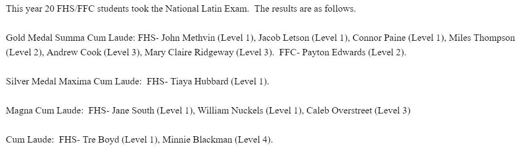 2019 National Latin Exam Results

#FCSLearn  #yoursystemourcommunityoneflorence #fhsfalconslatin1 #fhsfalconslatin2 #fhsfalconslatin3 #fhsfalconsaplatin