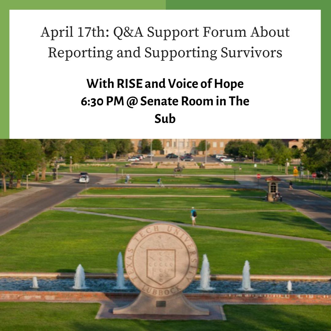 April 17th we will be having our April meeting! It will be a support forum Q&amp;A about reporting, and supporting survivors, and more! #itsonusttu