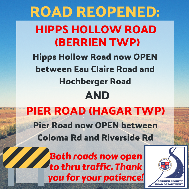BerrienRoad's tweet image. Both Hipps Hollow Road in Berrien Township and Pier Road in Hagar Township are now open to thru traffic after being closed earlier today to complete drainage construction.

Thank you for your patience. 

#RoadUpdate #RoadReopened #RoadOpen #BCRD
